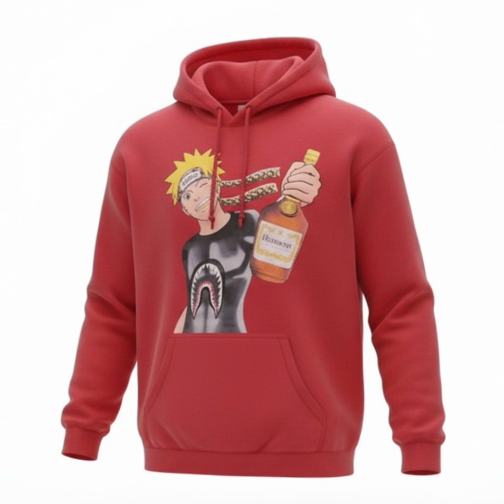 Red Naruto Shippuden Holding A Bottle Graphic Hoodie Size Medium